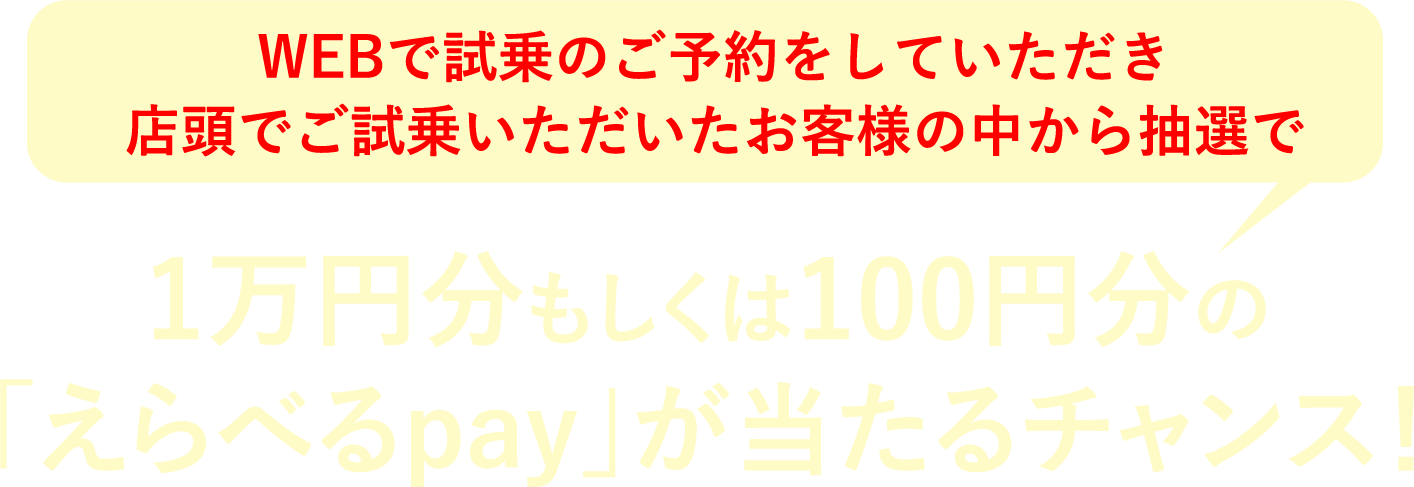 WEBで試乗のご予約をしていただき店頭でご試乗いただいたお客様の中から抽選で1万円分もしくは100円分の「えらべるpay」が当たるチャンス！