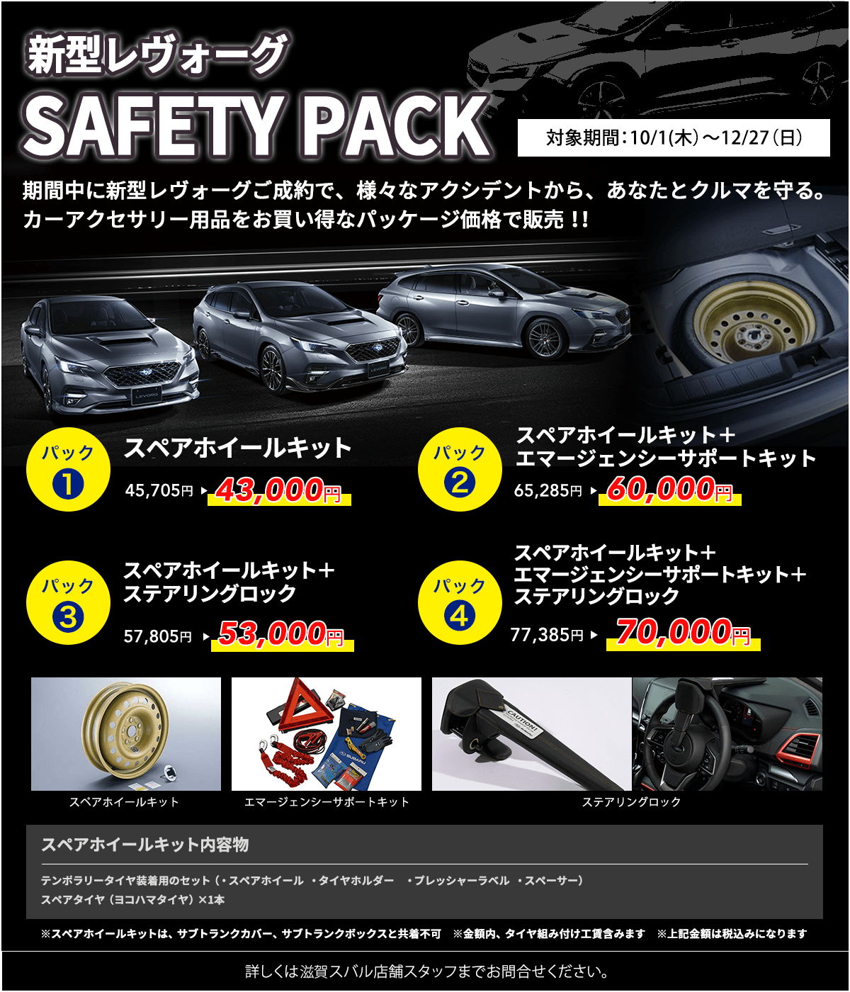 新型レヴォーグ SAFETY PACK 対象期間:10/1(木)~12/27(日)パック1 スペアホイールキット 45,705円→43,000円 パック2 スペアホイールキット+エマージェンシーサポートキット 65,285円→60,000円 パック3 スペアホイールキット+ステアリングロック 57,805円→53,000円 パック4 スペアホイールキット+エマージェンシーサポートキット+ステアリングロック 77,385円→70,000円 スペアホイールキット内容物 テンポラリータイヤ装着用のセット(・スペアホイール・タイヤホルダー・プレッシャーラベル・スペーサー)スペアタイヤ(ヨコハマタイヤ)×1本 ※スペアホイールキットは、サブトランクカバー、サブトランクボックスと共着不可 ※金額内、タイヤ組み付け工賃含みます ※上記金額は税込みになります 詳しくは滋賀スバル店舗スタッフまでお問合せください。