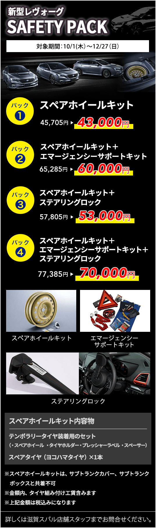 新型レヴォーグ SAFETY PACK 対象期間:10/1(木)~12/27(日)パック1 スペアホイールキット 45,705円→43,000円 パック2 スペアホイールキット+エマージェンシーサポートキット 65,285円→60,000円 パック3 スペアホイールキット+ステアリングロック 57,805円→53,000円 パック4 スペアホイールキット+エマージェンシーサポートキット+ステアリングロック 77,385円→70,000円 スペアホイールキット内容物 テンポラリータイヤ装着用のセット(・スペアホイール・タイヤホルダー・プレッシャーラベル・スペーサー)スペアタイヤ(ヨコハマタイヤ)×1本 ※スペアホイールキットは、サブトランクカバー、サブトランクボックスと共着不可 ※金額内、タイヤ組み付け工賃含みます ※上記金額は税込みになります 詳しくは滋賀スバル店舗スタッフまでお問合せください。